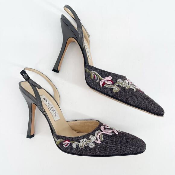 Vintage Jimmy Choo Gray Flannel Beaded Floral Embroidered Slingback Heel IT 38.5 - Picture 4 of 13